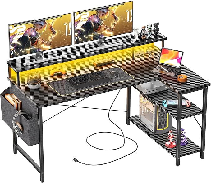 Gaming Desk with Power Outlets and LED Lights, 47 Inch L Shaped Computer Desk