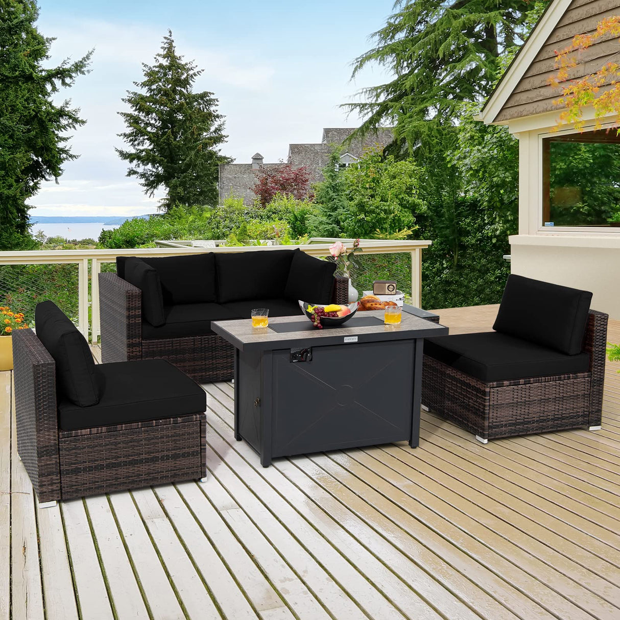 6 Pieces PE Rattan Wicker Sectional Sofa with 42" 60,000 BTU Gas Fire Pit Table