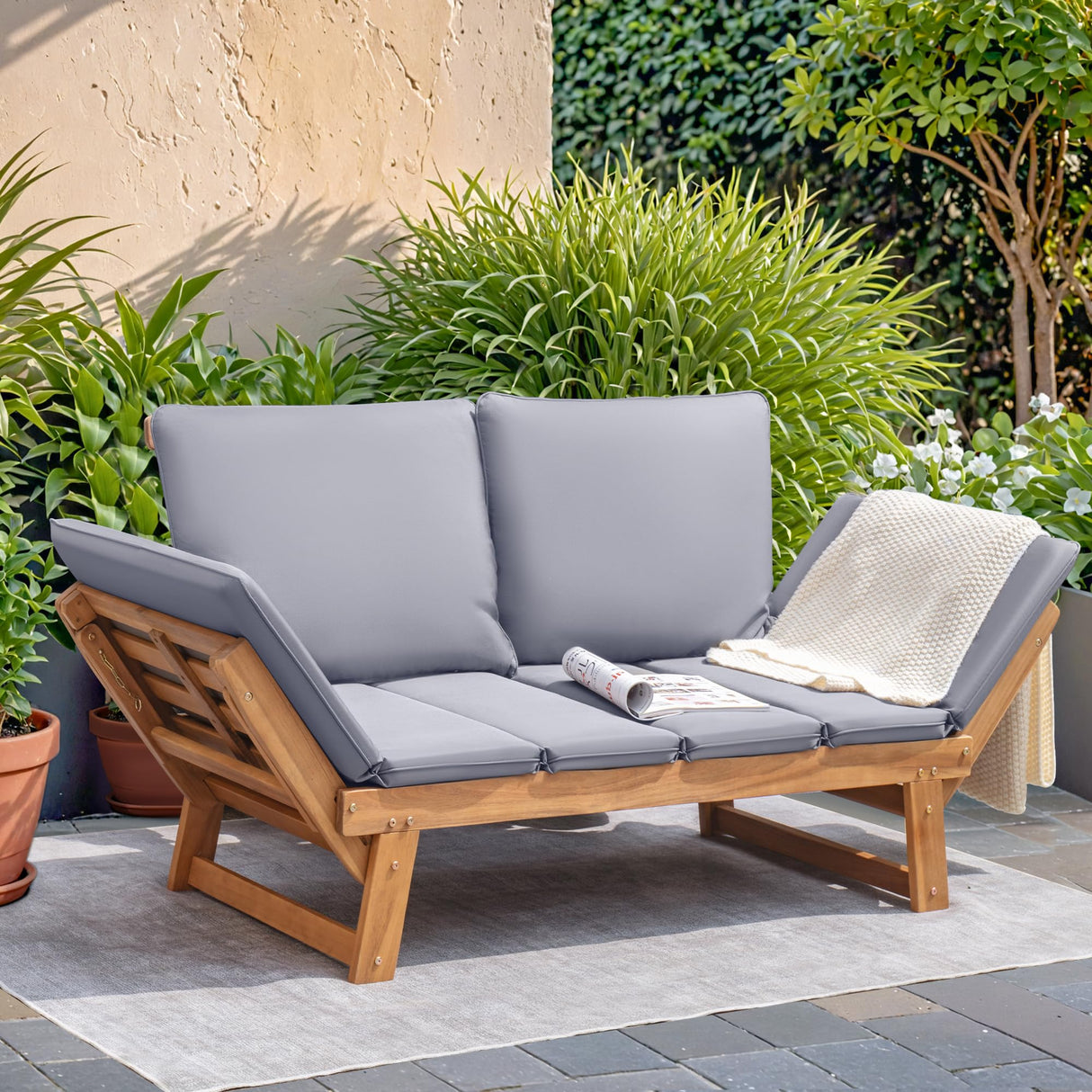 Outdoor Couch Acacia Wood Patio Couch with Adjustable Armrest