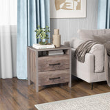 Farmhouse Nightstand, Rustic Wood Bedside Table with 2 Storage Drawers & Open Shelf,