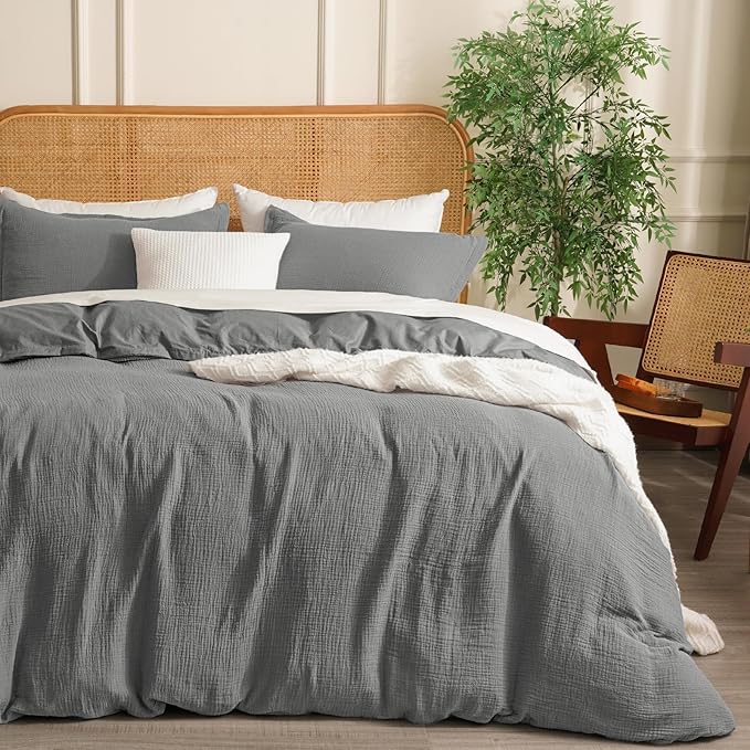100% Cotton Muslin Duvet Cover Set Queen Size,3 Pcs Ultra Soft Breathable & Lightweight Gauze Bedding Set