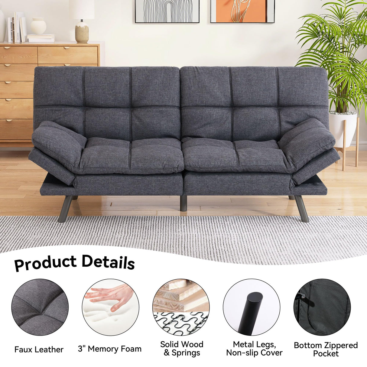 Memory Foam Futon Sofa Bed Couch,Linen Fabric Convertible Futon Sofa Couch