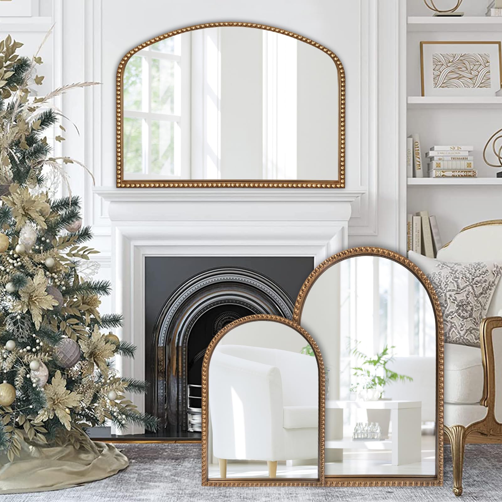 Gold Arched Mirror, 28"x36" Antique Mirrors with Beaded Frame
