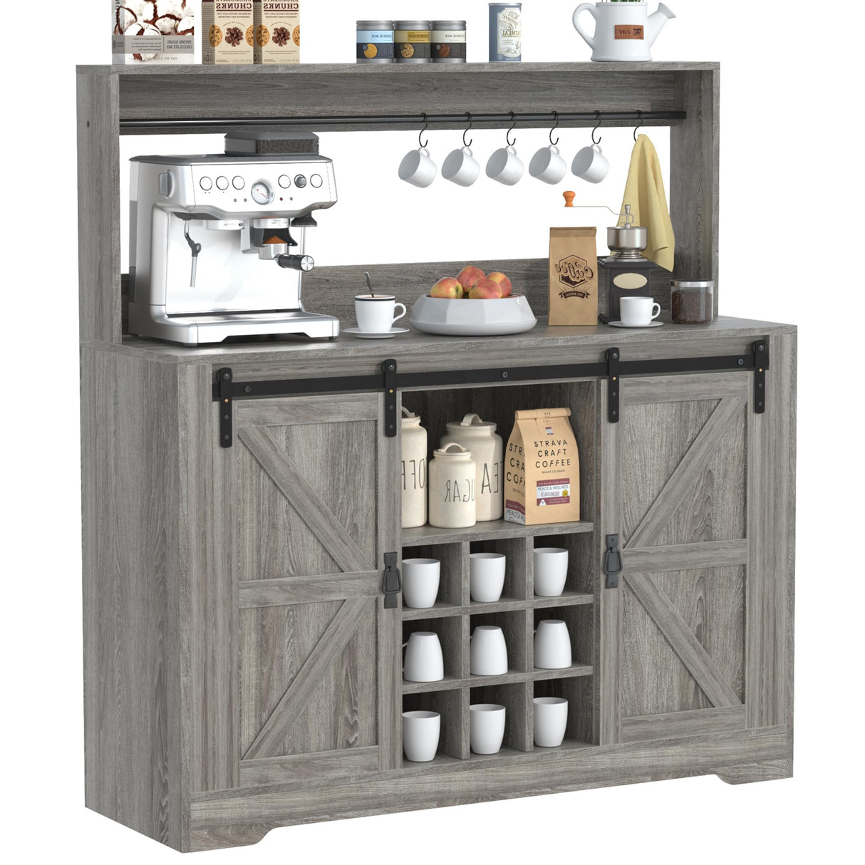 Coffee Bar Cabinet, Sliding Barn Door & Adjustable Shelves, 47" Farmhouse Coffee Bar