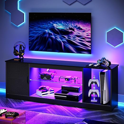 Gaming TV Stand with Removable Glass Shelves for 55/60/65 Inch TV