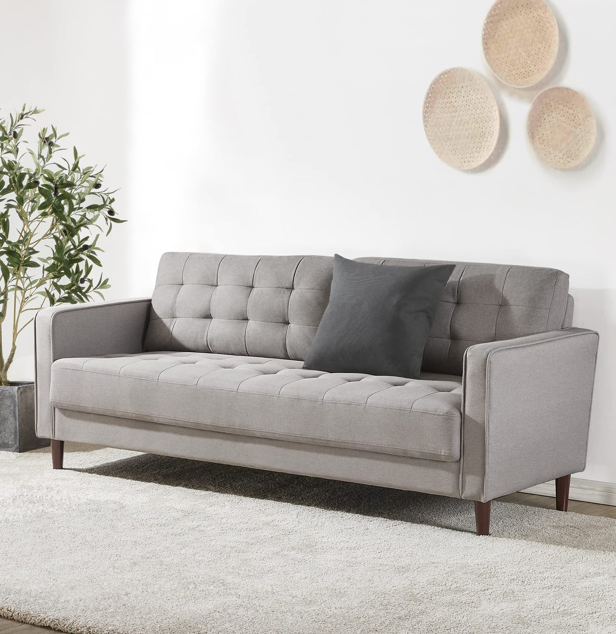 Benton Sofa Couch, Grid Tufted Cushions, Easy, Tool-Free Assembly, Stone Grey