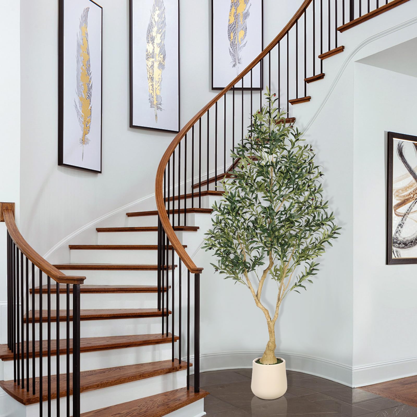 PHYTREE Artificial Olive Tree with Planter - 7FT Tall Silk Faux Olive Trees with Wood Trunk & Lifelike Fruits, Indoor and Outdoor Realistic Potted Artificial Tree for Home Office Decor