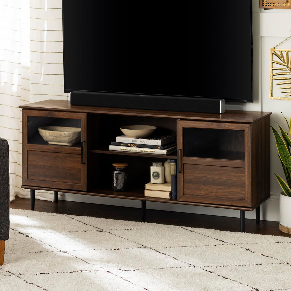 Modern Farmhouse Wood and Glass TV Stand with 2 Cabinet Doors for TV