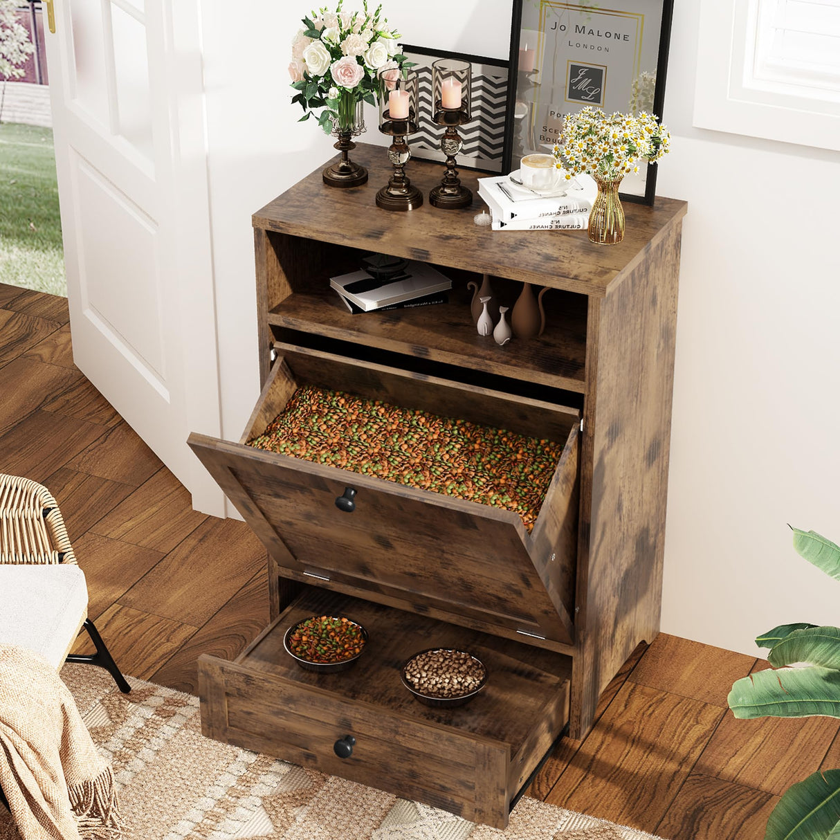 Dog Feeding Station with Storage Cabinet & Elevated Bowls