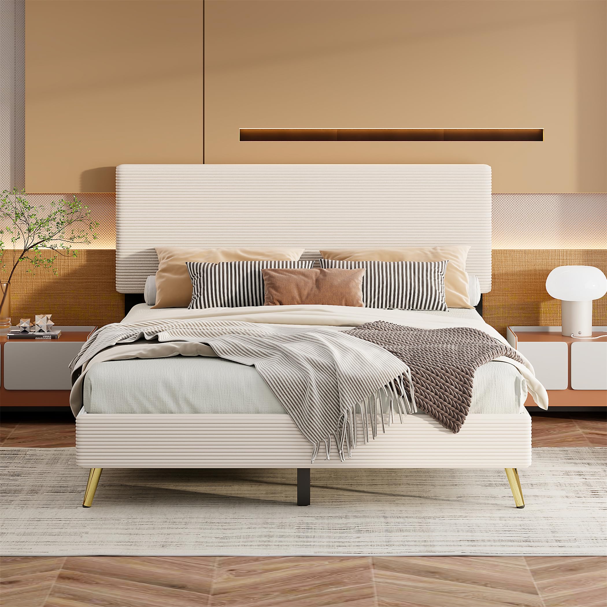 Queen Size Corduroy Upholstered Platform Bed Frame with Horizontal Stripe Headboard