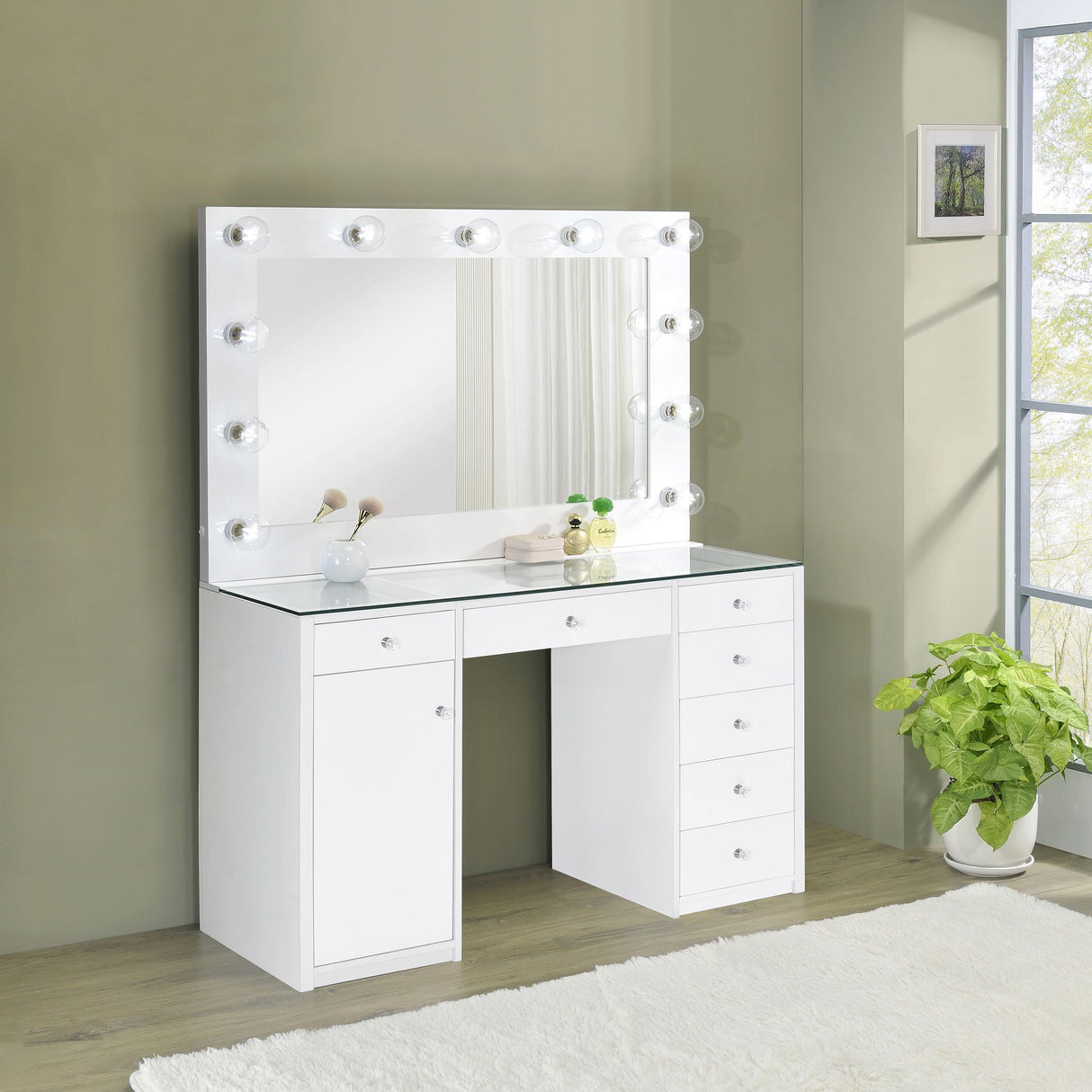 Coaster Home Furnishings Acena Contemporary 2-Piece 7-Drawer Makeup Vanity Desk for Bedroom with Hollywood Vanity Mirror with Storage Cabinet White High Gloss 931143