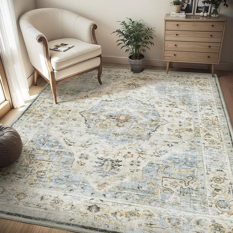 Area Rug 5X7 Rugs for Living Room-Vintage Soft Beige Rugs for Bedroom-Non Slip Carpet