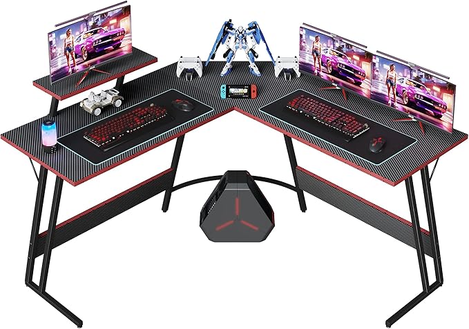 L Shaped Gaming Desk with LED Lights & Power Outlet, 51 Inch Fiber Surface Computer Table with Cup Holder & Headphone Hook, Black
