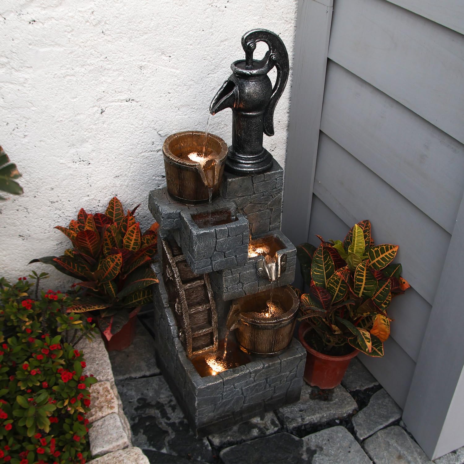 Outdoor Rustic 6-Tiered Barrel and Pump Water Fountain Outdoor Waterfall Fountain 39.96"