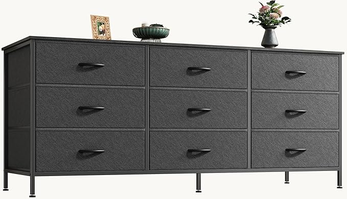 9 Drawer Dresser, 55 Inch Dresser TV Stand for 55, 60 Inch TV, Entertainment Center with Drawers, Large Storage Fabric Dresser for Bedroom, Closet, Rustic Brown