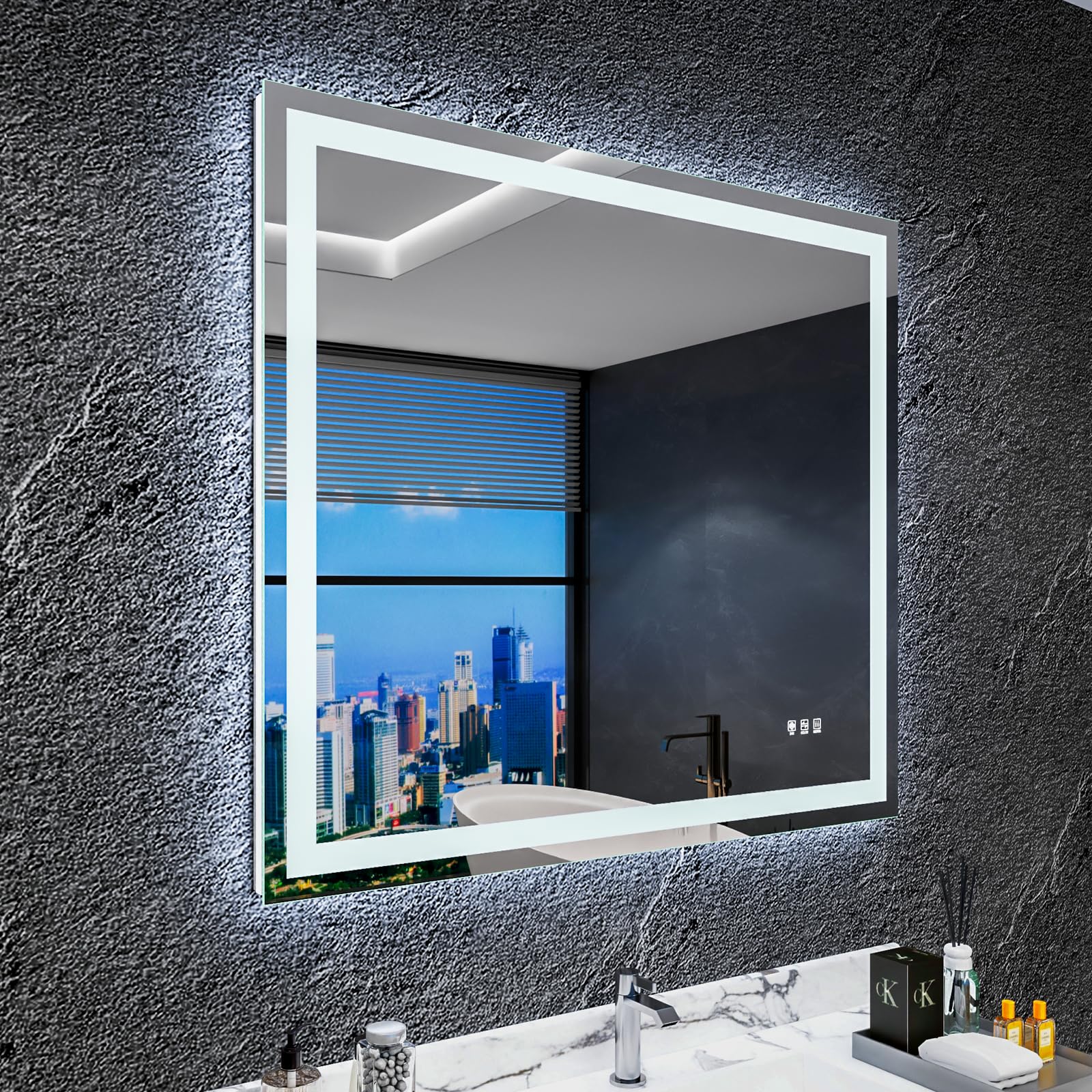Led Bathroom Mirror 40"x36" with Anti-Fog, Front Lighted Bathroom