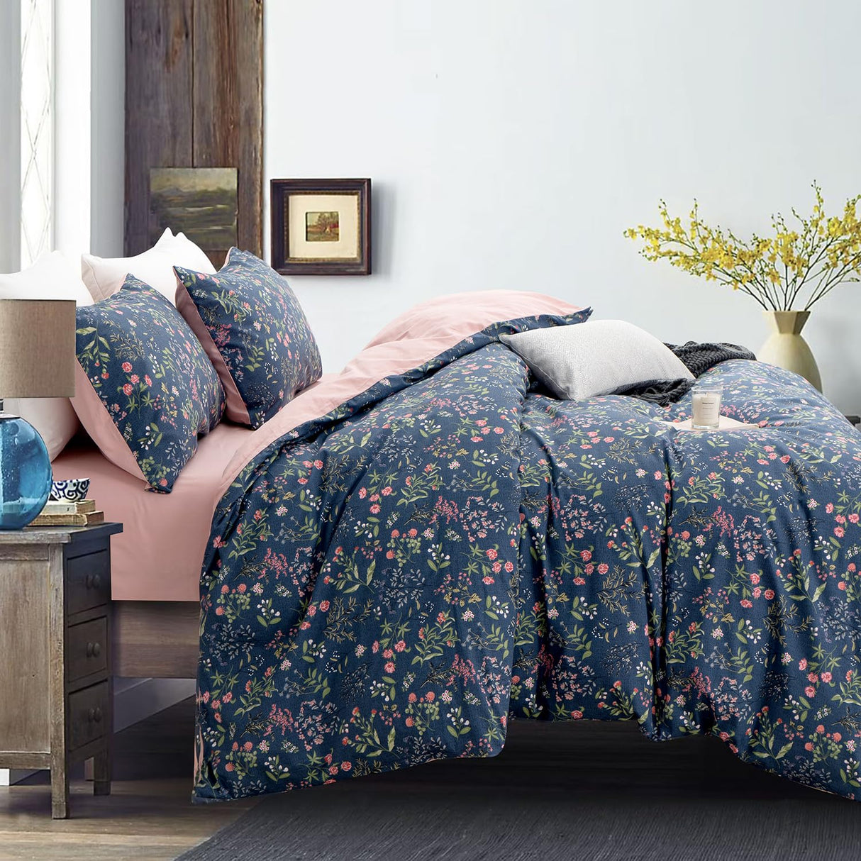 Floral Queen Comforter Set 3 Pieces Soft Cotton Chic Garden Style Floral Print Lightweight Vintage Botanical