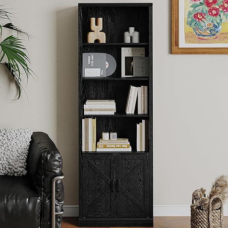 5 Tier Bookshelf Bookcase with Cabinet Doors, 70 in Tall Wooden Bookshelves