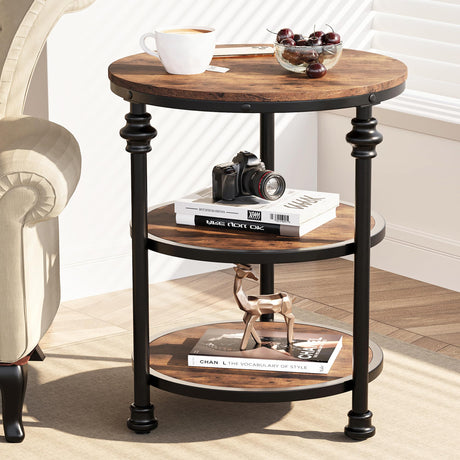 End Table 3-Tier Round Side Table Living Room Accent Table with Storage Shelf