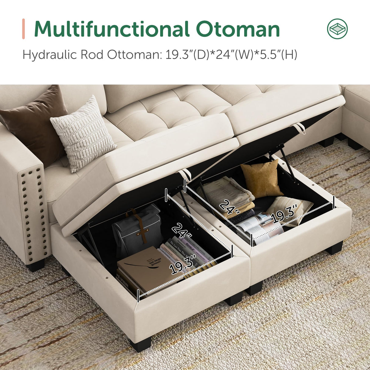 HONBAY Velvet Convertible Sectional Couch, U Shaped Sectional Sofa with Chaise Modular Sectional with Storage Ottoman Corner Couch for Living Room, Beige