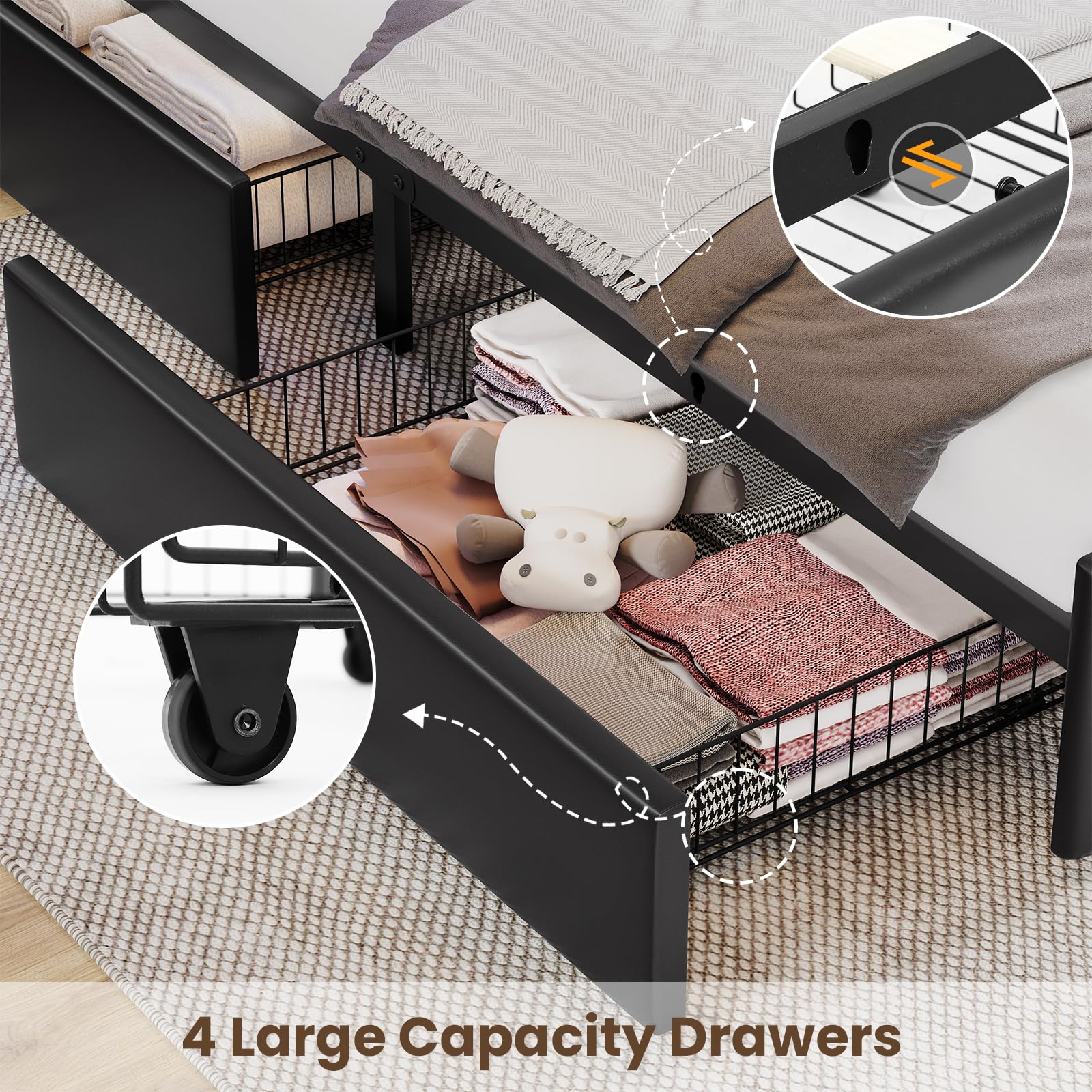 Bed Frame Full Size with Bookcase Headboard and 4 Storage Drawers, Leather