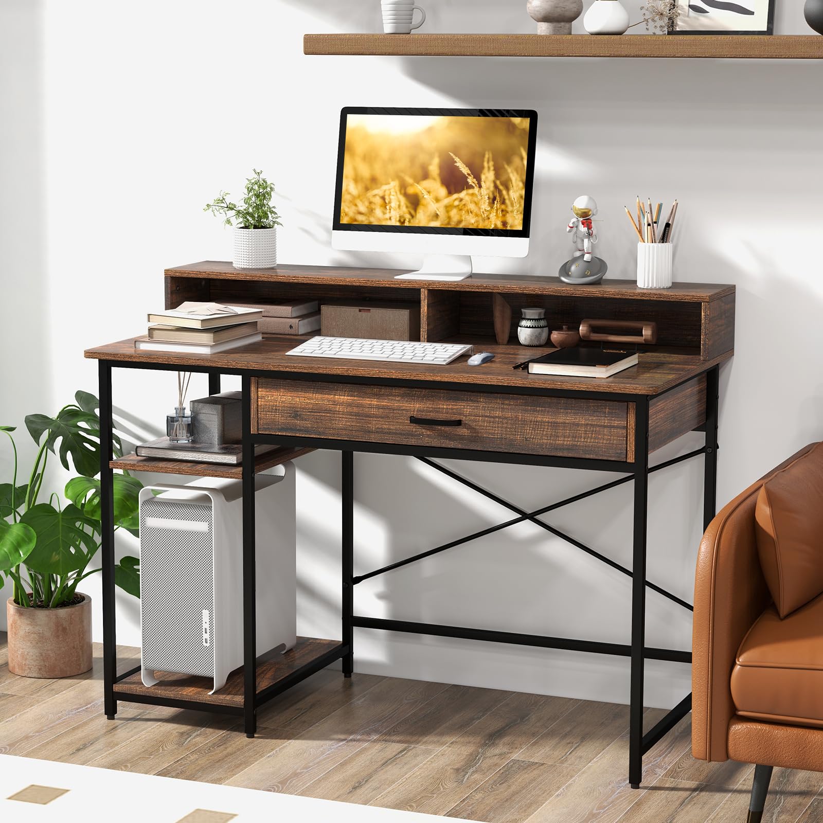 Computer Desk with Storage Drawer & Monitor Stand, 48” Home Office Writing Desk