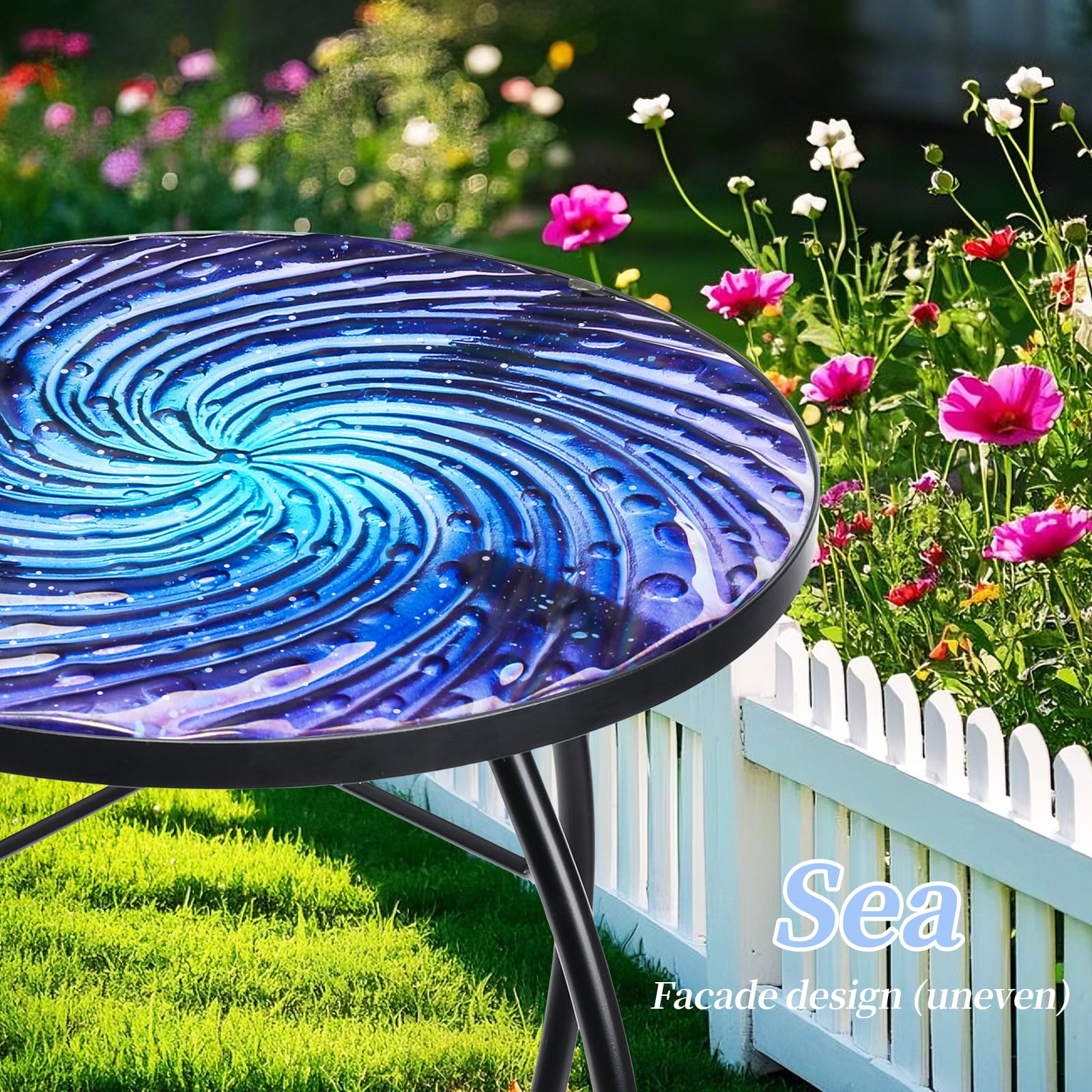 MUMTOP Outdoor End Tables for Patio, Deep Sea Round Side Table, Glass Accent Table for Outside, Garden, Balcony, Porch, Indoor Home Decor - Bircata
