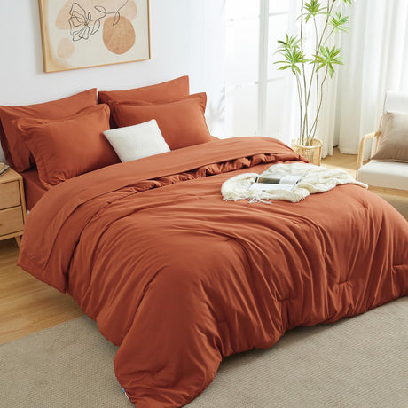 Queen Comforter Set Burnt Orange, 7 Pieces Bed in a Bag Terracotta