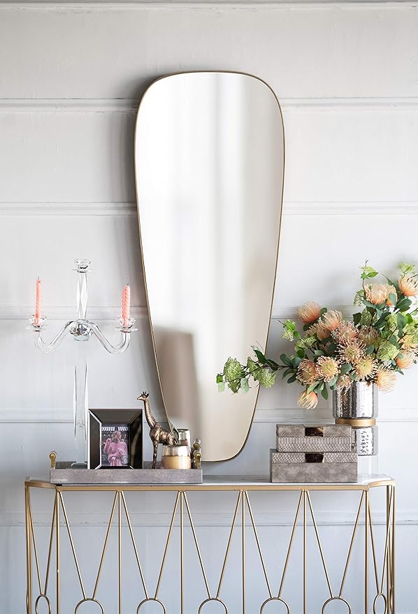 Wall Decor Teardrop Shaped Mirror Gold Metal Trim Mounting Hardware