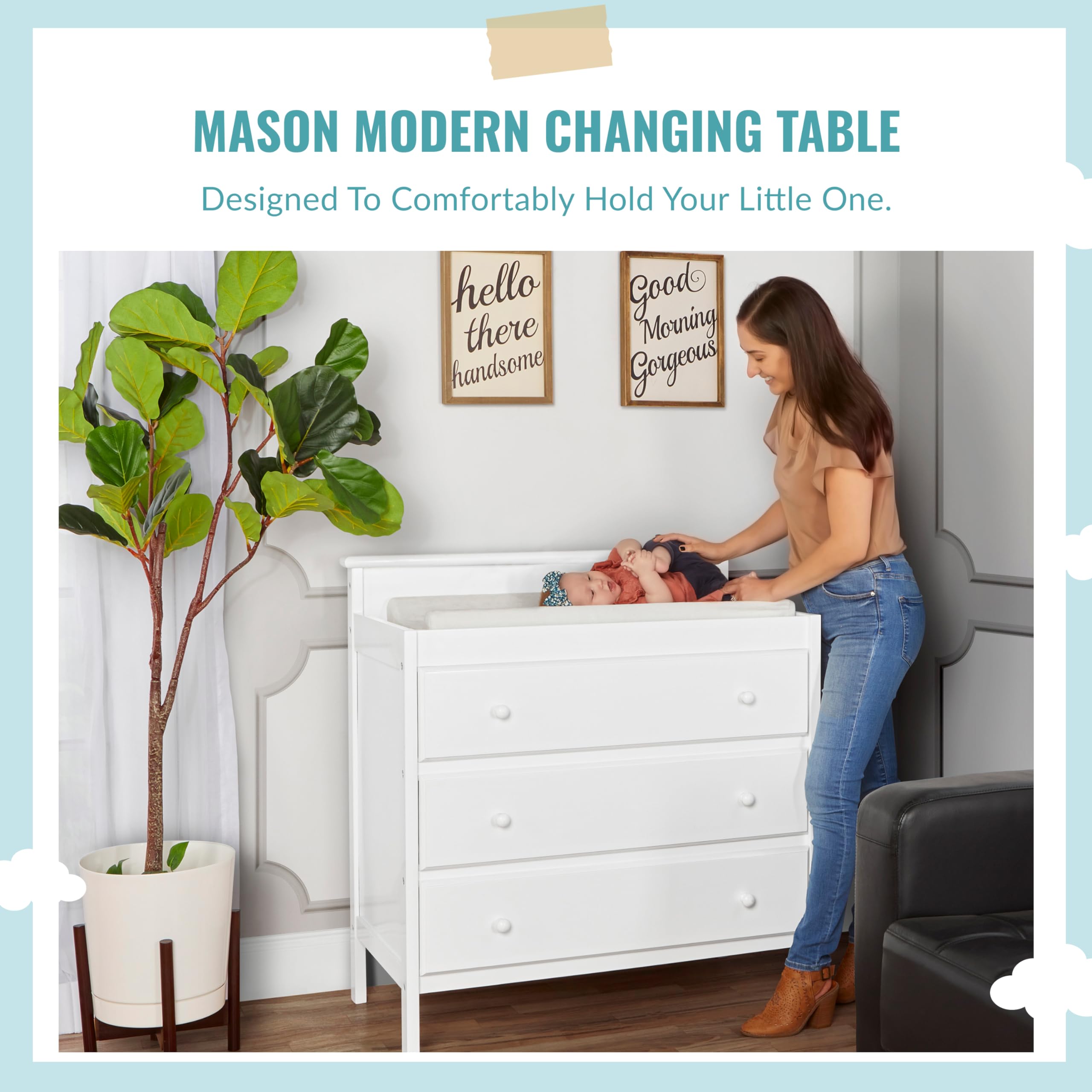 Mason Modern Changing Table with Free Changing Pad in White, Three Spacious Drawers