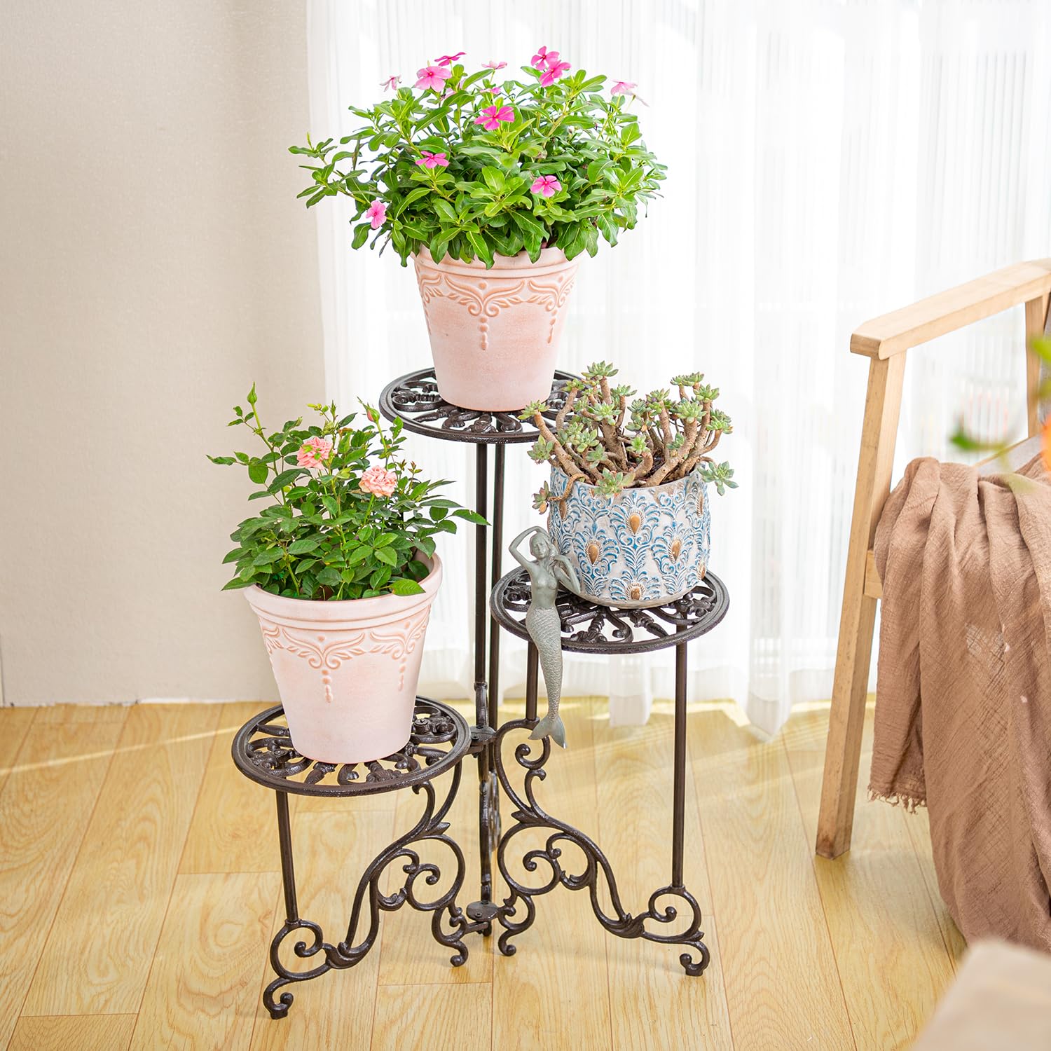 Heavy Duty Cast Iron Plant stand, 3 Tier Foldable Metal Plant Shelf, 24in Tall Vintage Flower
