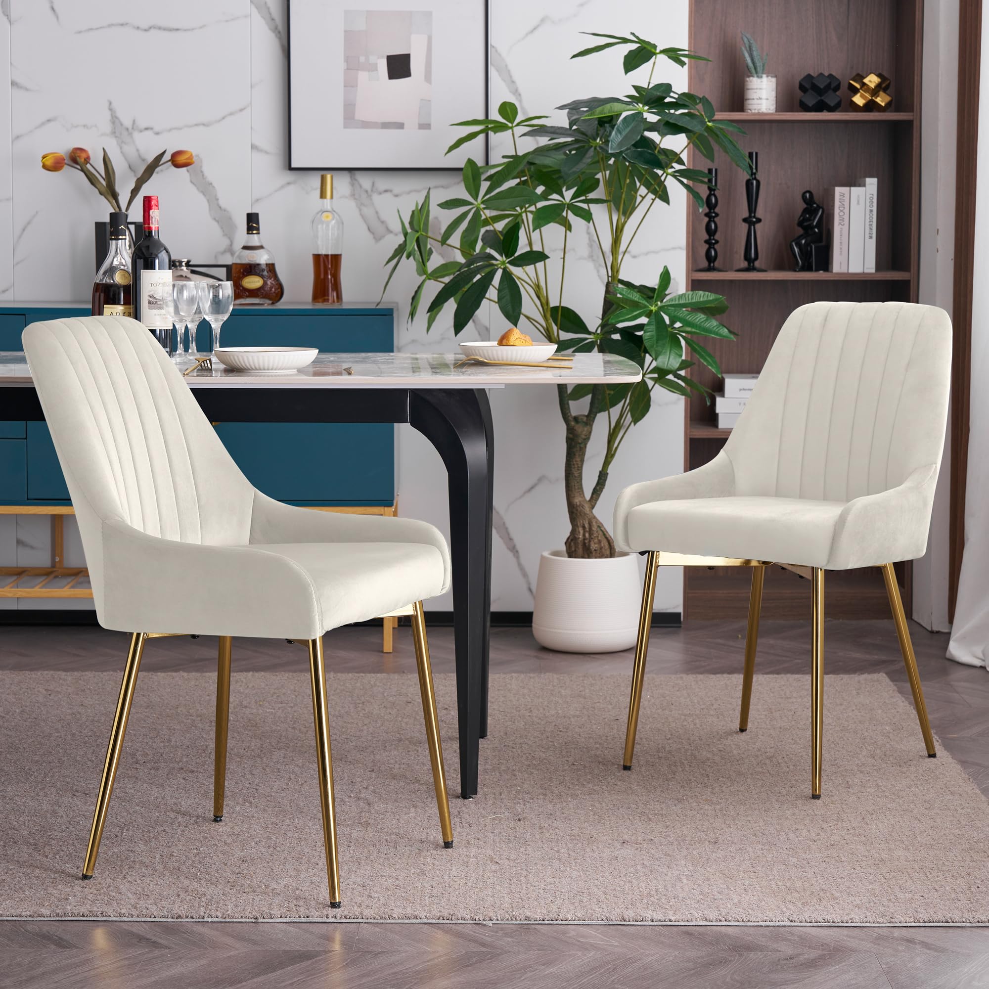 LOVSPATIO Dining Chairs Set of 2, Mid Century Modern Kitchen Armless Dining Chairs with Velvet Cushion Seat & with Gold Metal Legs for Vanity Room Bedroom Living Room (White)