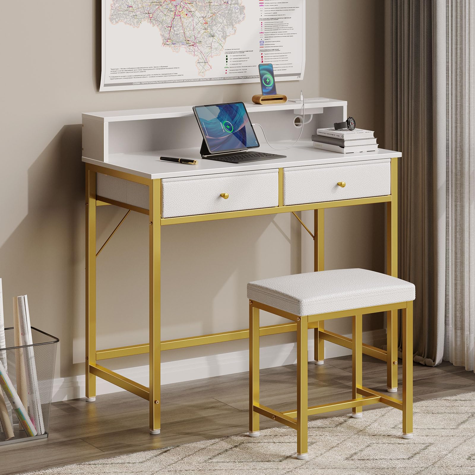 Vanity Desk Without Mirror, Makeup Vanity with Drawers and Charging Station