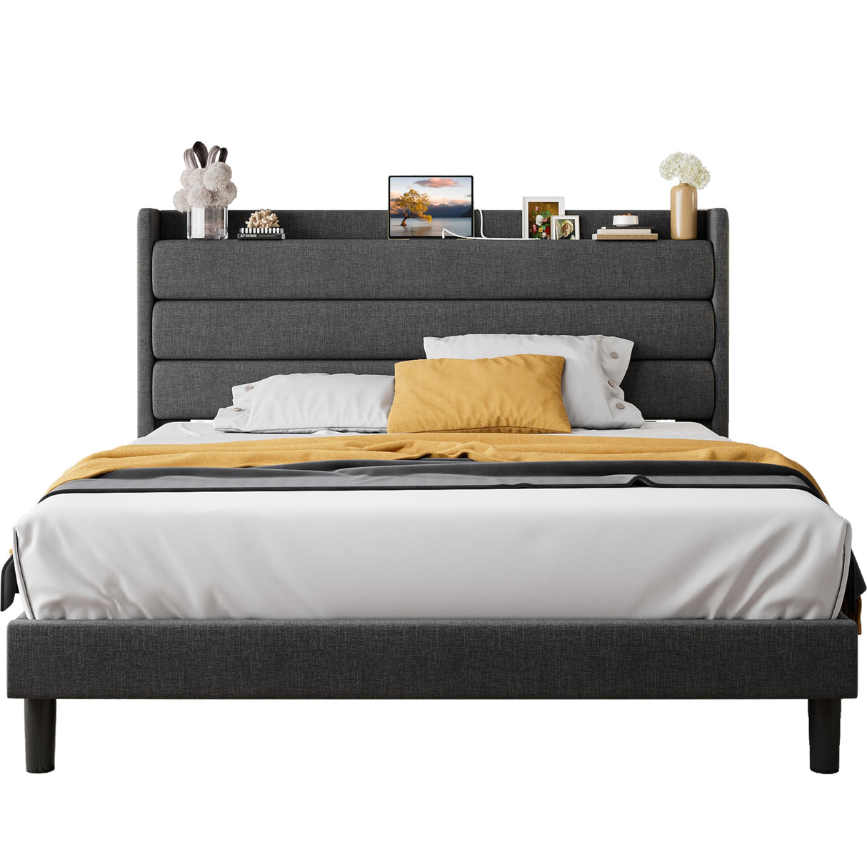 King Bed Frame, Storage Headboard with Outlets, Sturdy and Stable, No Noise