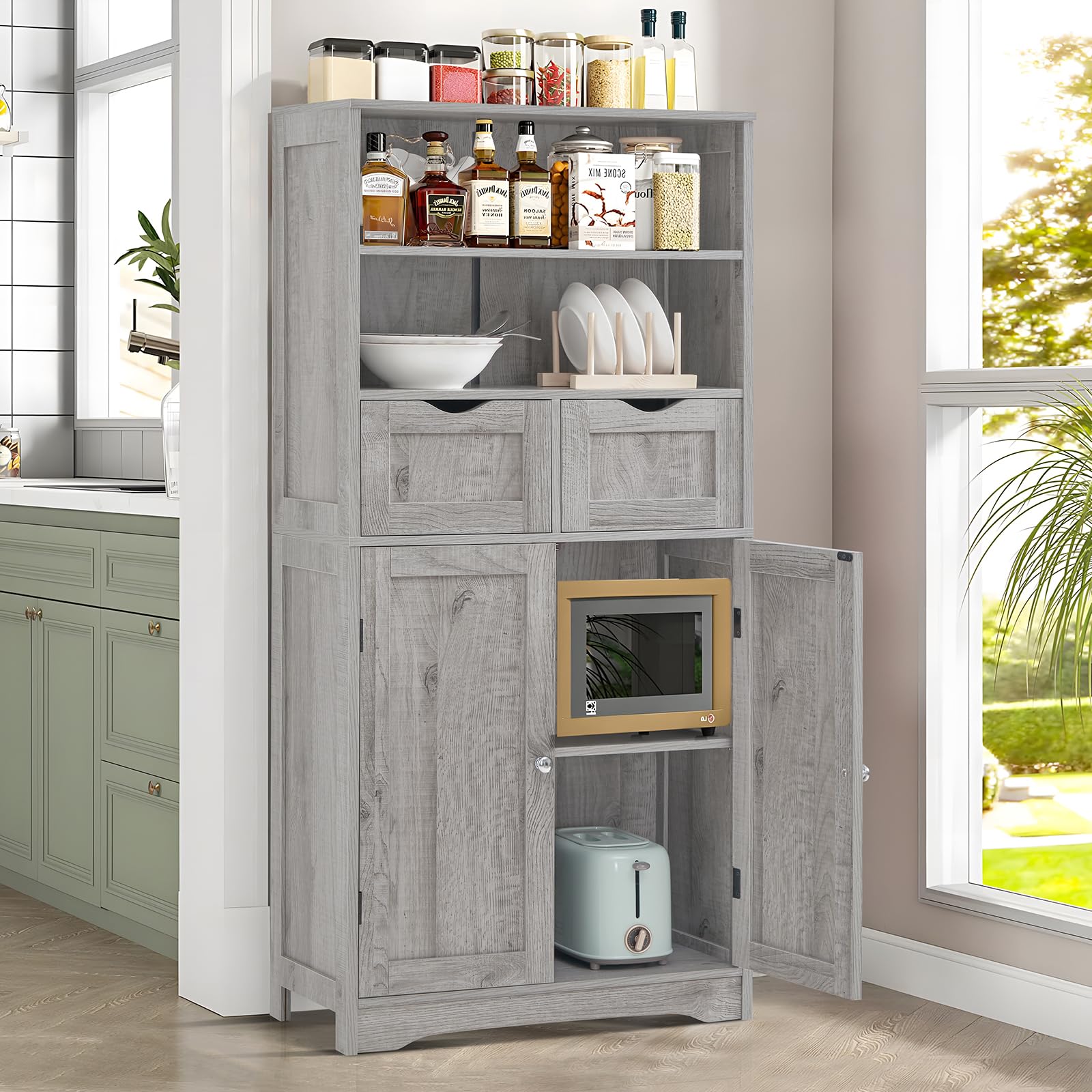 Cabinet with 2 Drawers & Adjustable Shelves, Bathroom Cabinet with Doors, Kitchen Pantry Cabinet