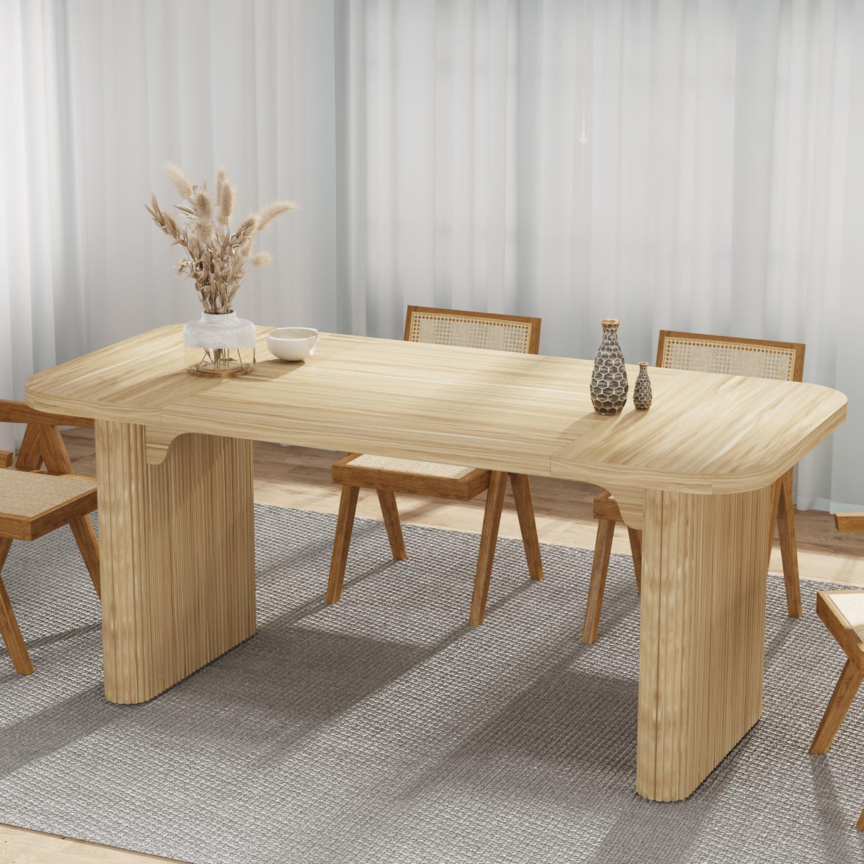 Dining Table for 4-6, Rectangular Wood Kitchen Table with Double Pedestal