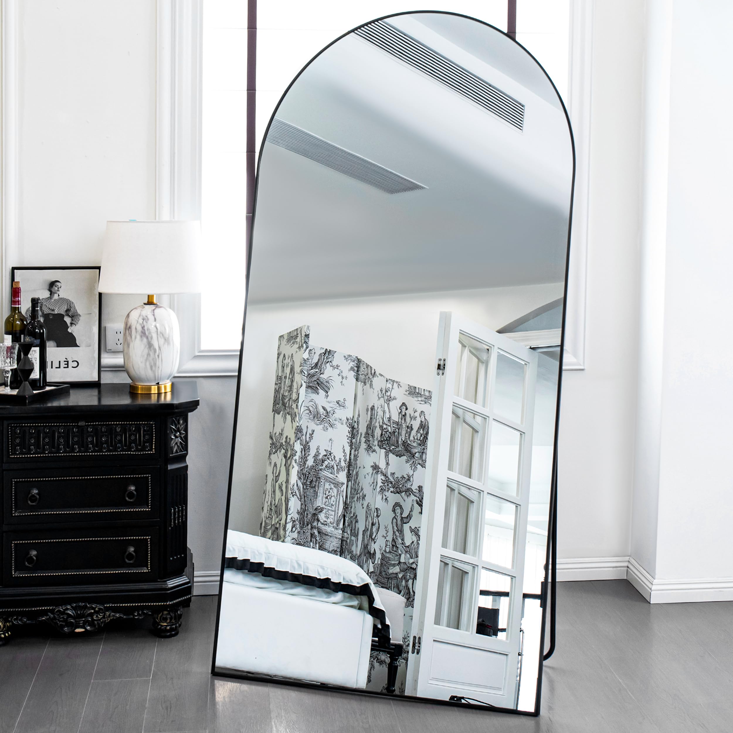 79x39 Arched Full Length Floor Mirror - Black Steel Frame