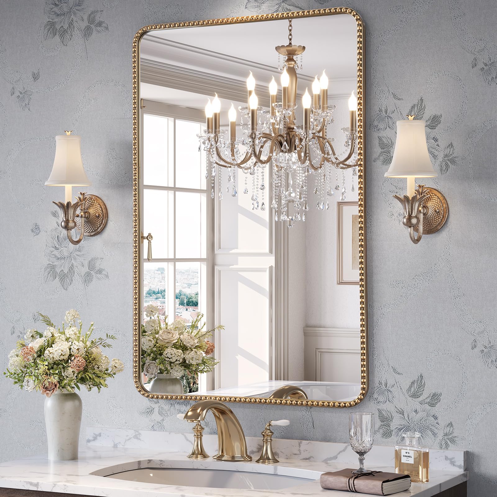 24x36 Champagne Bronze Bathroom Mirror with Beaded Frame