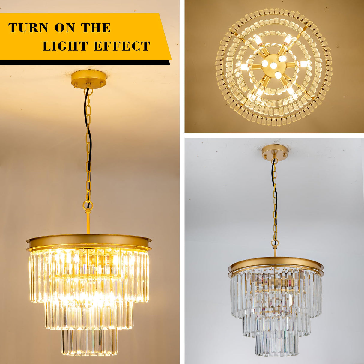 15.7" Gold Crystal Chandelier,Modern 3-Tier K9 Crystal Pendant Lights 6-Light Luxury