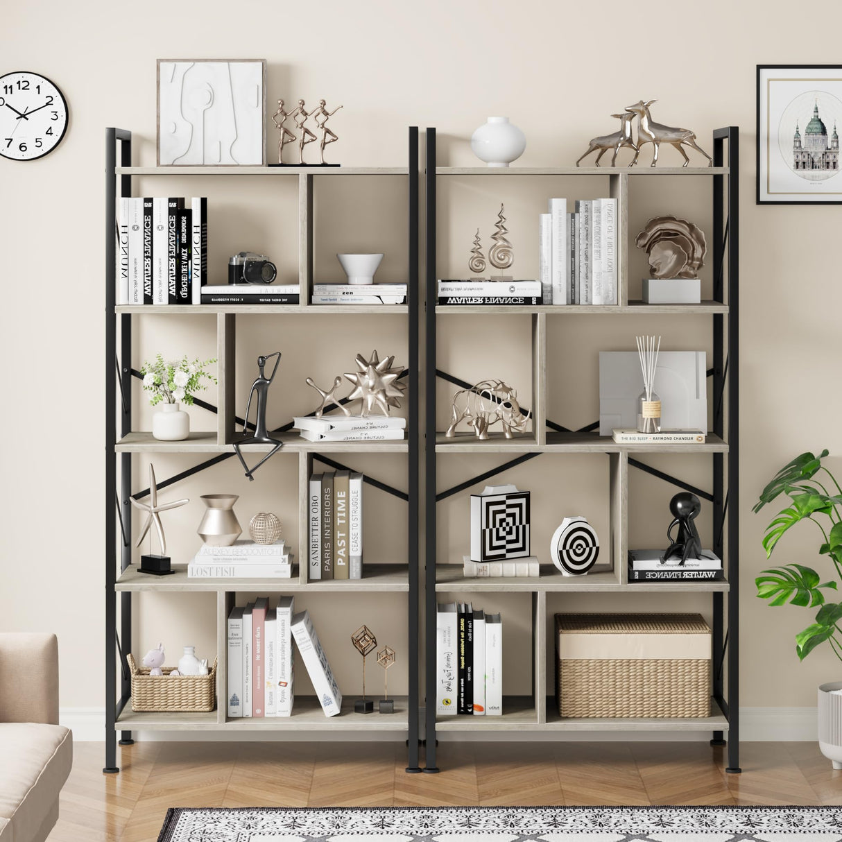 5 Tier Bookshelf with Storage, 61 Inch Tall Industrial Book Shelf with Open Display Bookshelves