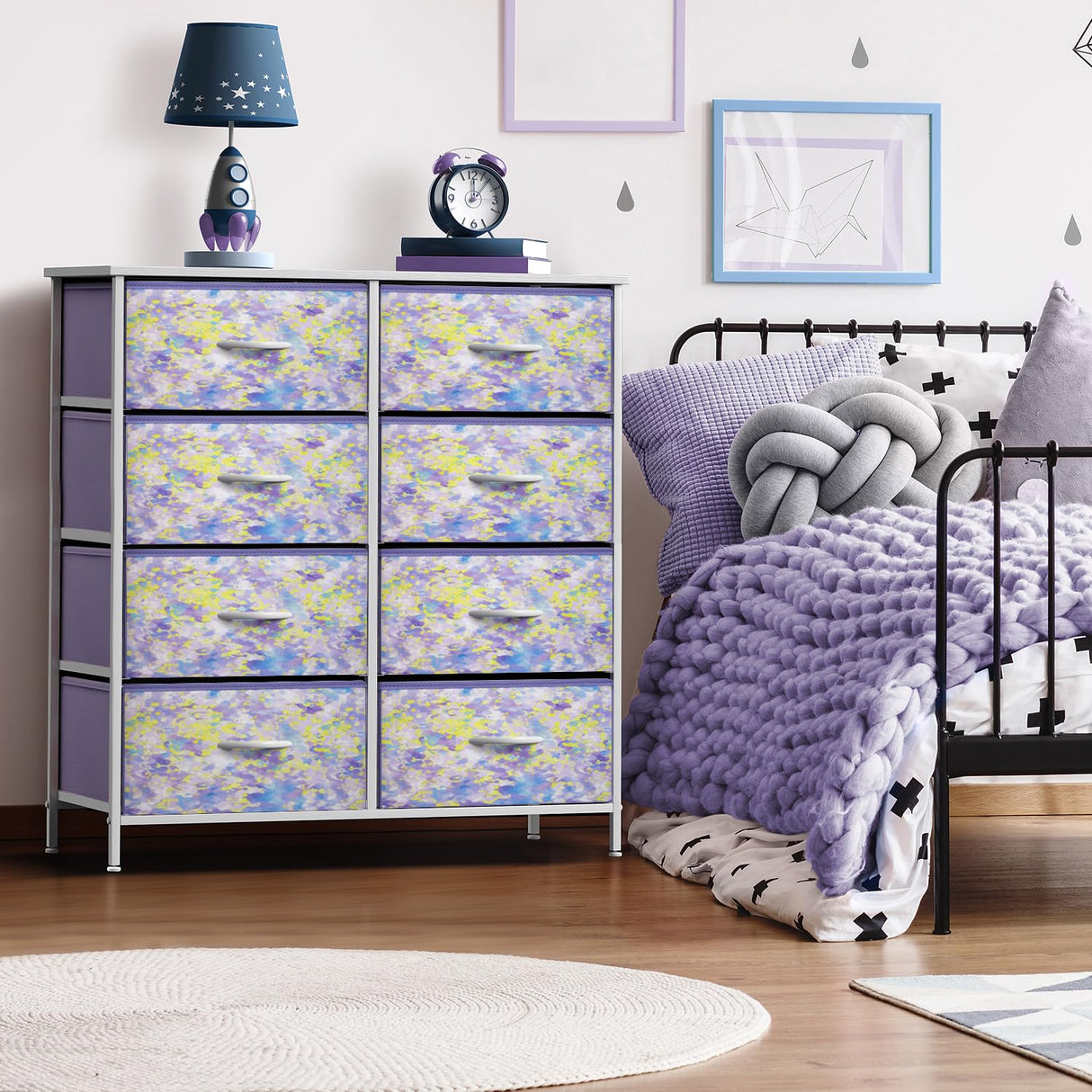 Kids Dresser with 8 Drawers - Storage Chest Organizer Unit Nightstand - Steel Frame, Wood Top, Tie-Dye Fabric Bins for Clothes - Wide Furniture for Bedroom