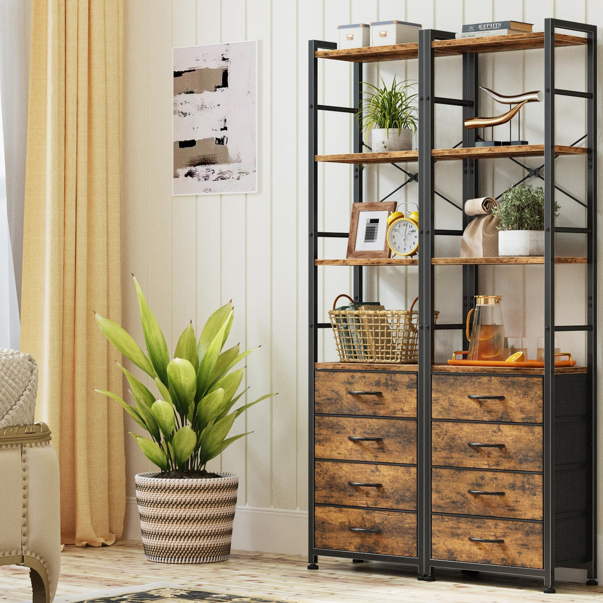Bookshelf with 4 Fabric Drawers, 6-Tier Tall Narrow Bookshelf with Storage