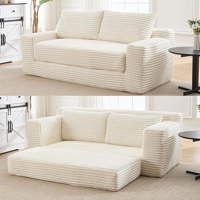 Corduroy Cloud Loveseat Sofa, 2 in 1 Convertible Sleeper Sofa with Fixed-Shape Frame