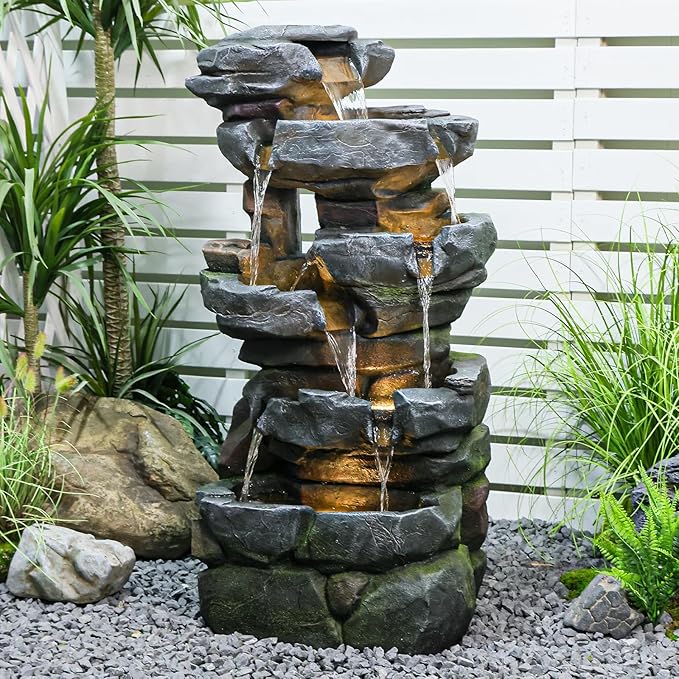 Wood Waterfall Fountain Outdoor 5 Tiers Large Cascading Rock Waterfall Outdoor