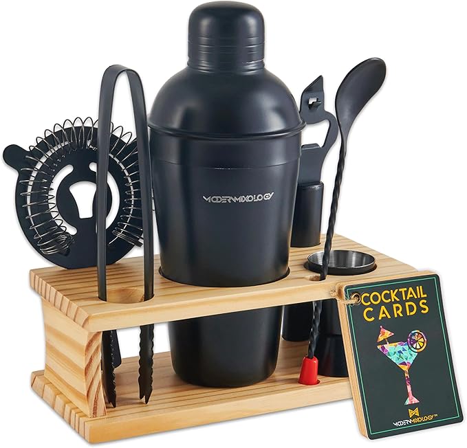 Mixology Bartender Kit - 8-Piece Gold Cocktail Shaker Set with Pine Wood Stand