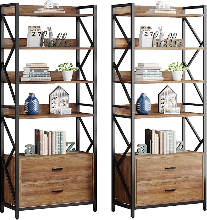 Bookshelf with Drawers, 70.8" Industrial Bookcase with 2 Drawers, 5 Shelf Open Shelf