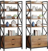 Bookshelf with Drawers, 70.8" Industrial Bookcase with 2 Drawers, 5 Shelf Open Shelf