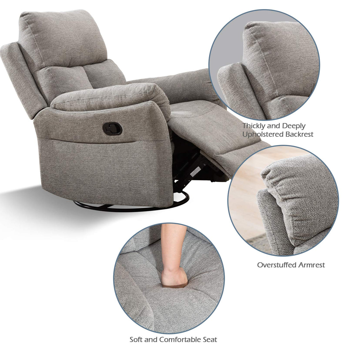 Swivel Rocker Recliner Chair, Manual Fabric Glider Nursery Recliner Chair, Single Rocking