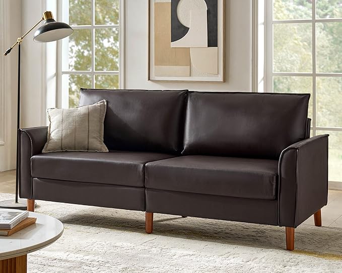 78" Faux Leather Sofa with Solid Wood Legs, Mid-Century Modern PVC Leather Couch
