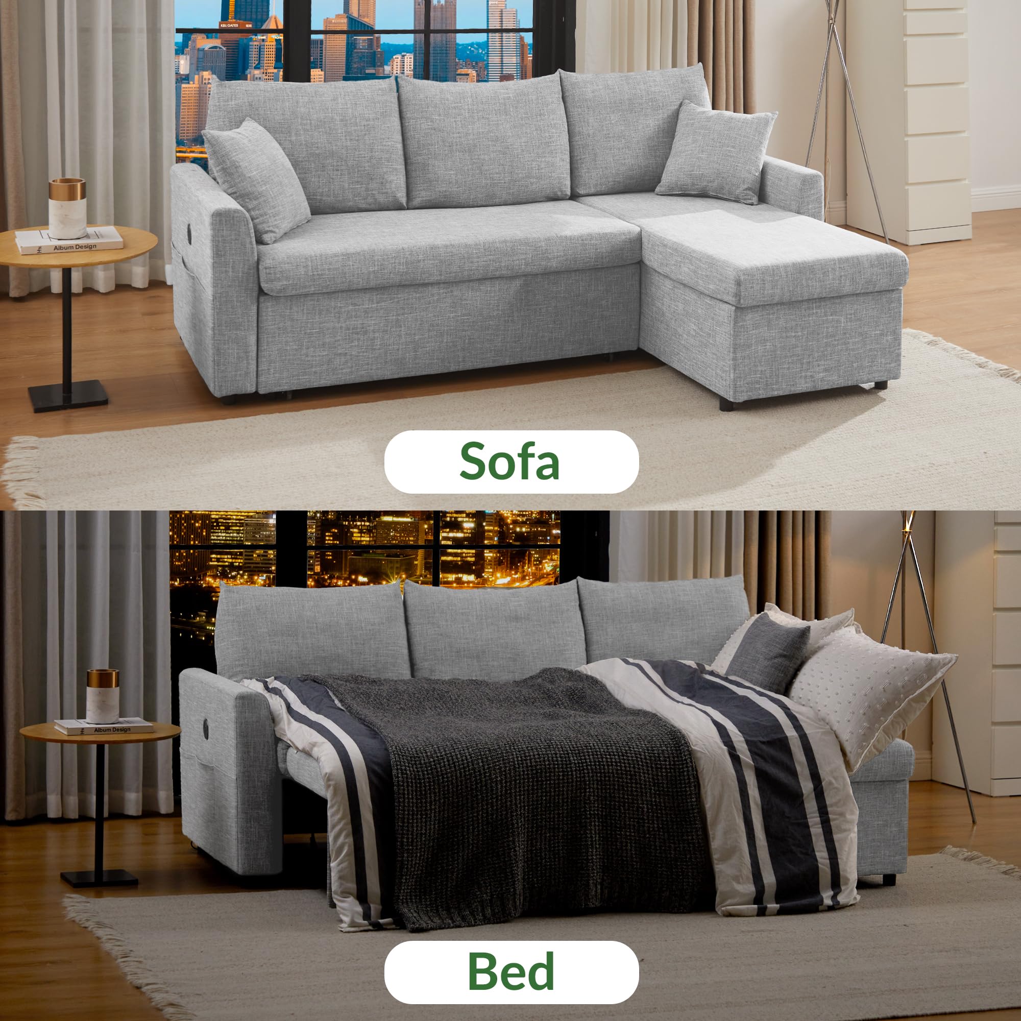 L Shaped Convertible Sleeper Sofa Bed, 84" Sectional Couch